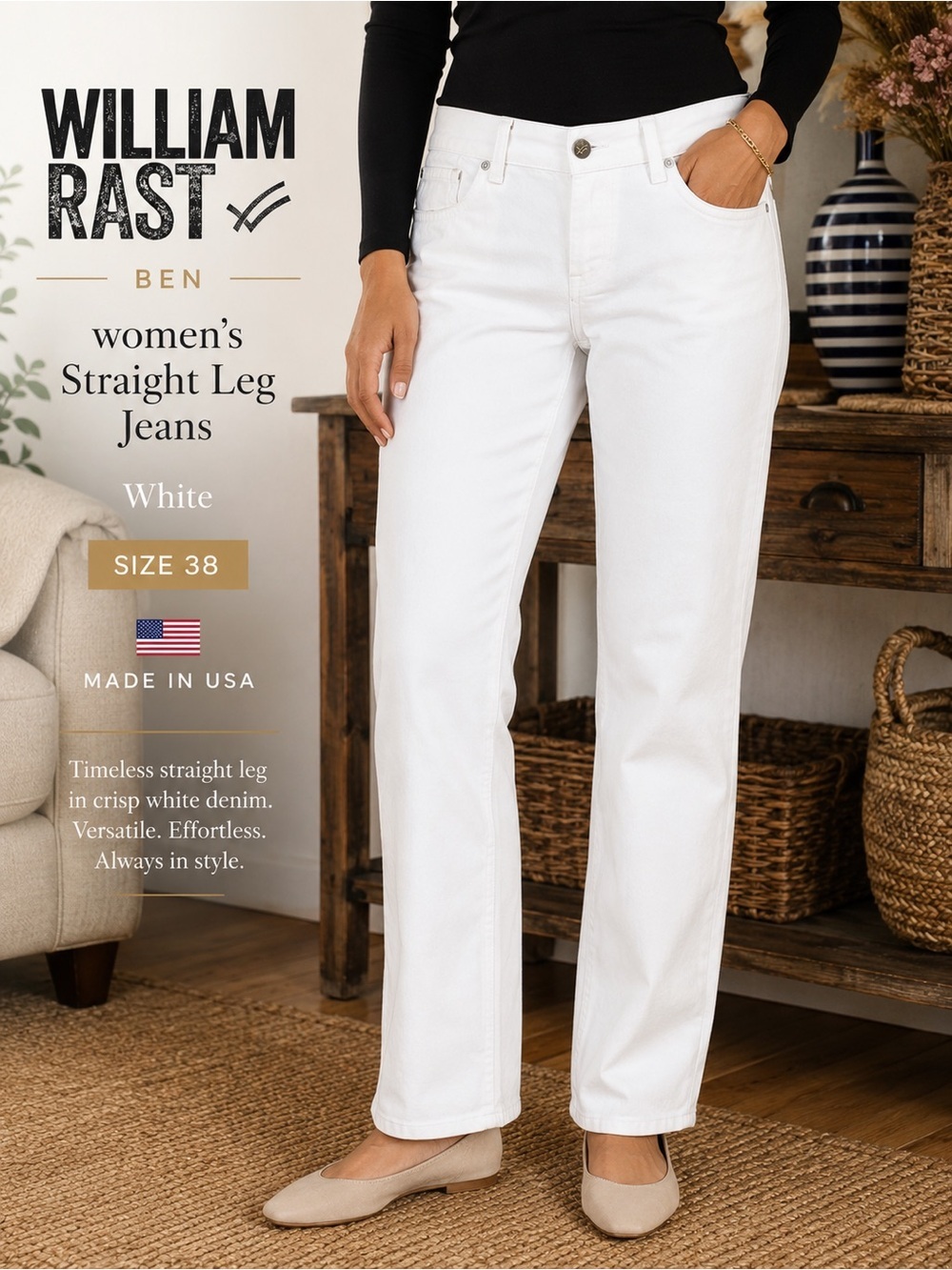 William Rast BEN women’s Straight Leg Jeans White Size 38 Made in USA